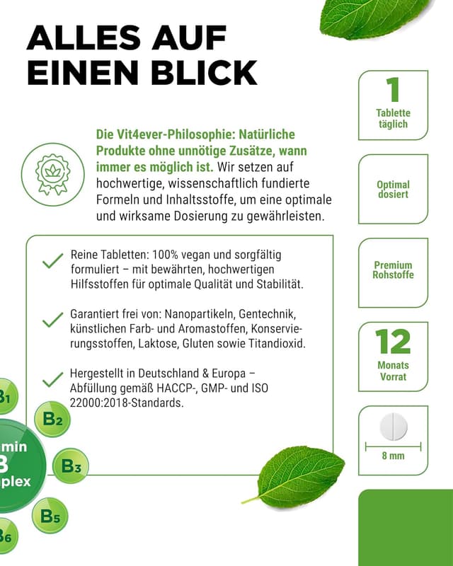 Detalle 2 de vit4ever Vitamin B Komplex mit 365 Tabletten (12-Monatsvorrat) – alle 8 B-Vitamine in einer veganen Tablette