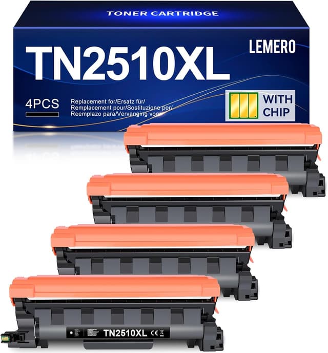 Detalle de Lemero TN2510 / TN2510XL Toner kompatibel (4er-Pack) für Brother MFC & HL in Schwarz mit Chip