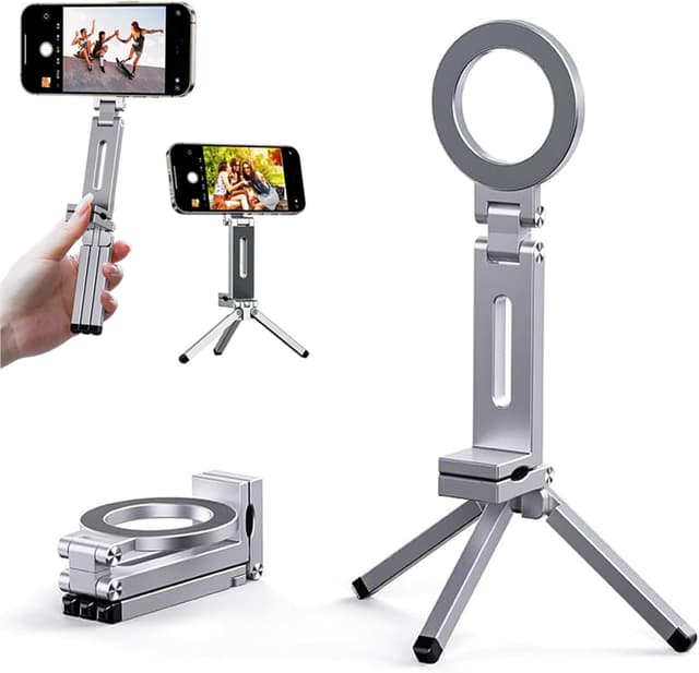 Detalle de MagSefa Magnetic Phone Tripod Stand with N52 Magnet (Silver) – universal clip mount, 360° adjustable