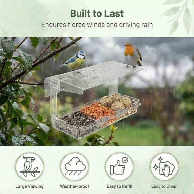 Detalle 2 de Furkoazki Window Bird Feeder with Clear Acrylic Construction (Three Compartments, 5 Perches)
