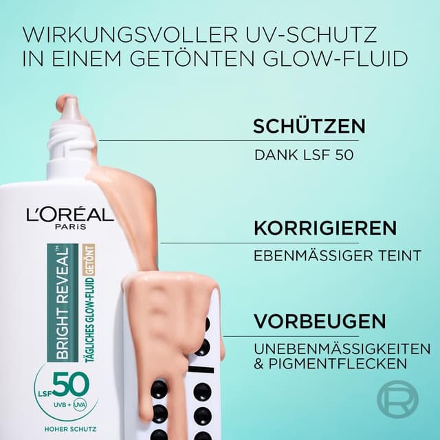 Detalle de L’Oréal Tägliches Getöntes UV Glow-Fluid LSF 50 mit Niacinamid + Glow-Pigmenten, Farbe Hell (Bright Reveal) – 50 ml