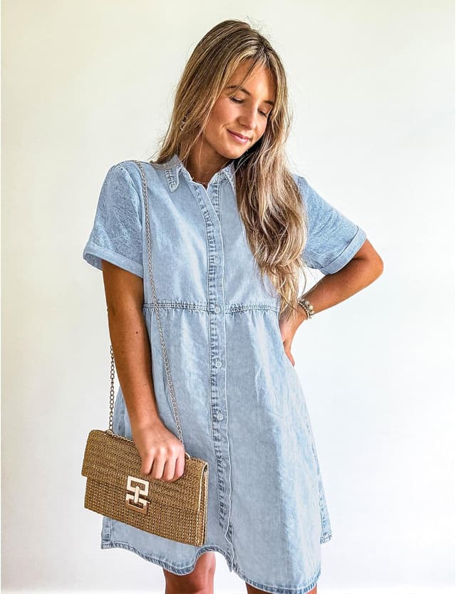 Detalle de GRAPENT Denim Dress for Women Babydoll Tiered Short Sleeve Button-Down Jean Shirt Dress