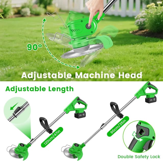 Detalle 2 de 24V Cordless Strimmer Grass Trimmer with Telescopic Pole, 6x Metal Blades + 10x Plastic Blades and 2x 4000mAh Batteries (Green)