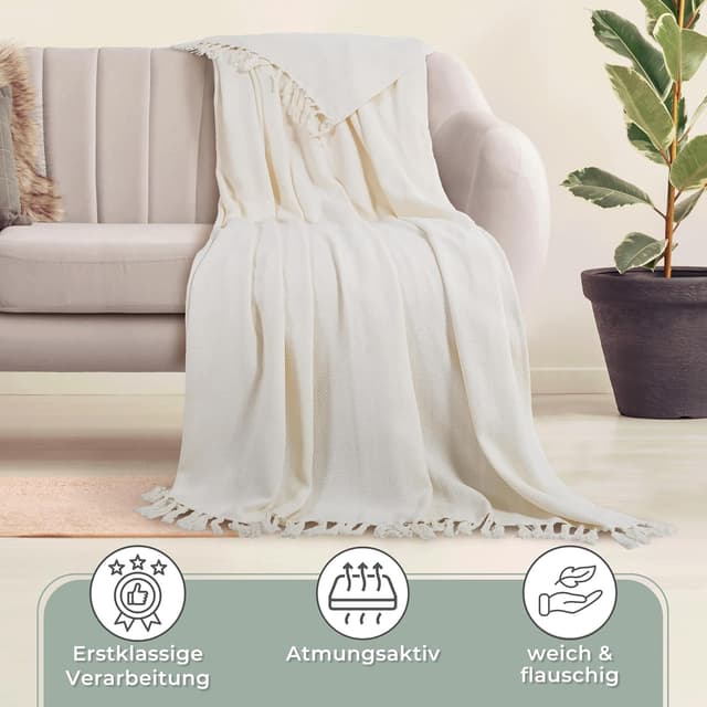 Detalle de Gräfenstayn Premium Tagesdecke mit Fransen (100% Baumwolle) – Creme, XXL 220 x 240 cm