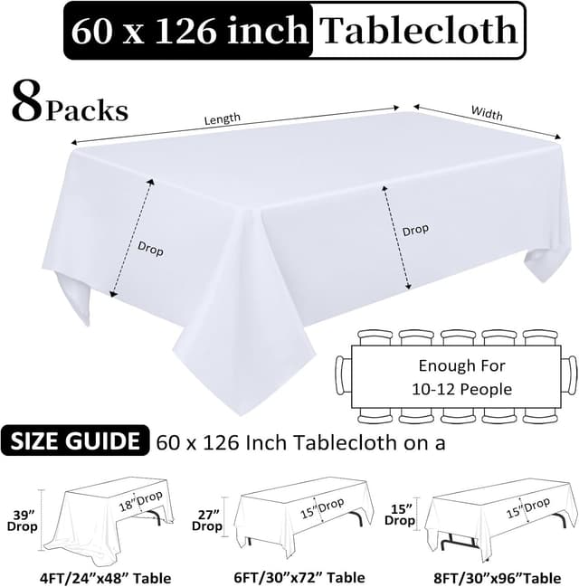 Detalle de 8 Pack White Table Cloth 60 x 126 Inch Rectangular Tablecloths for 8-Foot Tables