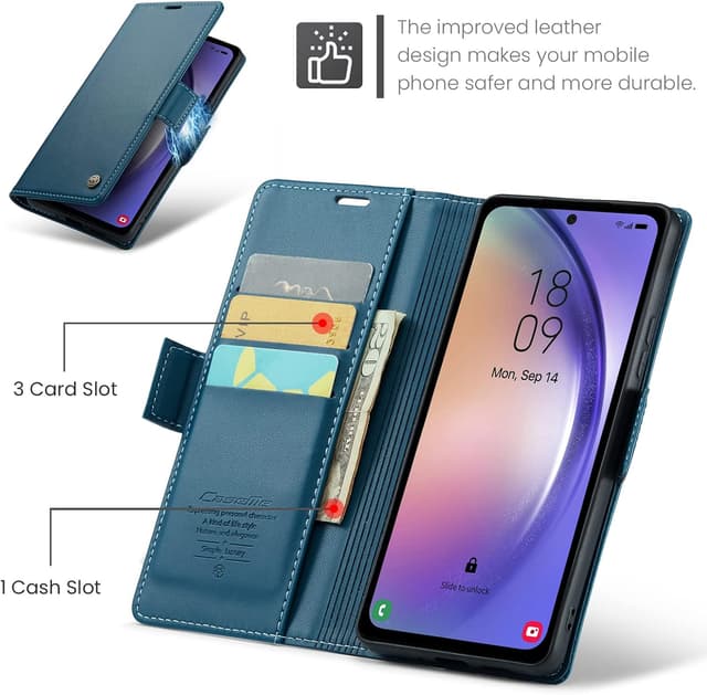 Detalle 2 de QLTYPRI Hülle für Samsung Galaxy A55 5G – RFID-Flip-Case mit Kartenfach, Standfunktion und PU-Vintage-Look (blau)