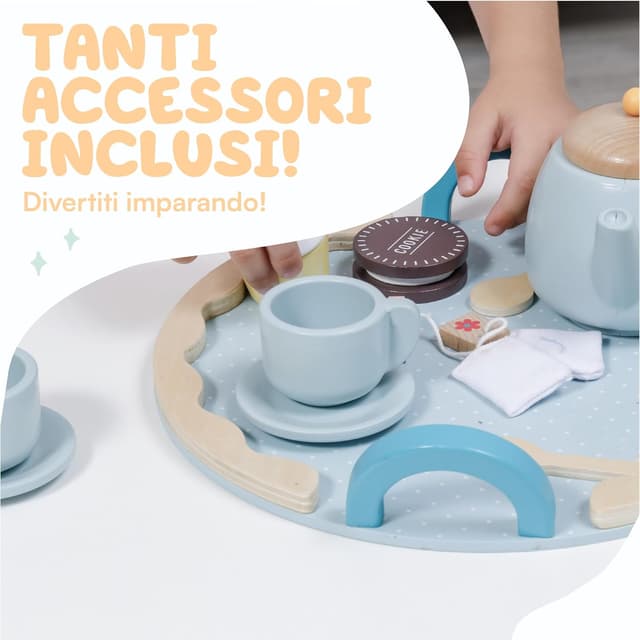 Detalle de Baroni Toys Set da Tè in Legno Montessori con 10 accessori (teiera, tazzine e vassoio) per bambini 3-7 anni