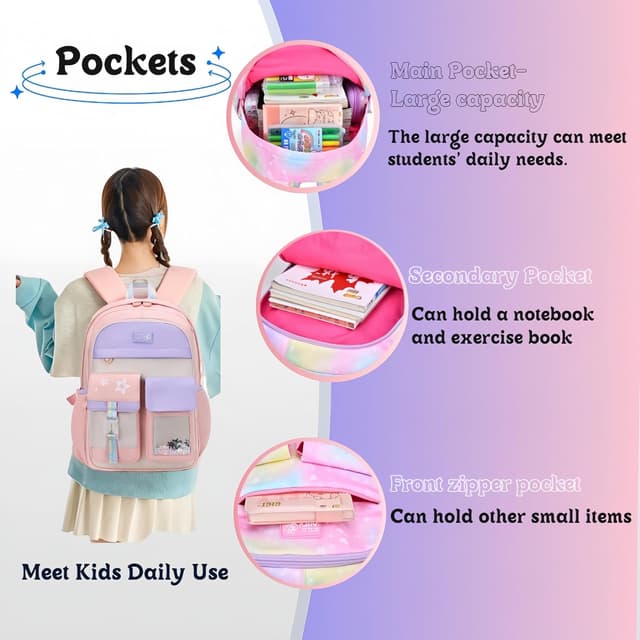 Detalle de VIDOSCLA Cute colourful casual daypack for girls (gradient purple) – lightweight primary school backpack