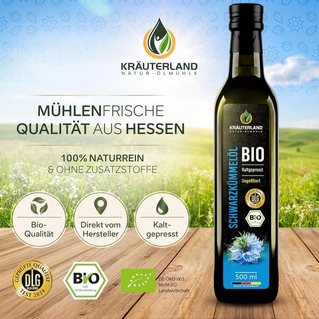 Detalle de Kräuterland Schwarzkümmelöl Bio (500 ml) – kaltgepresst, ungefiltert, 1. Pressung