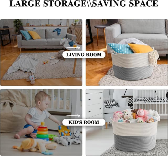 Detalle de Maliton Laundry Basket (Large, 55x35cm, 68L) Foldable Rope Woven Hamper in White & Grey