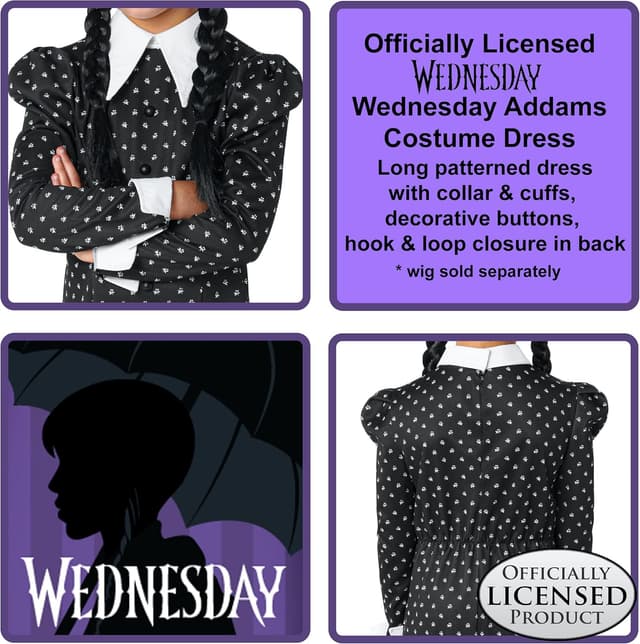 Detalle 2 de Wednesday Addams Costume Dress for Kids (Girls Large 10/12) by Rubies