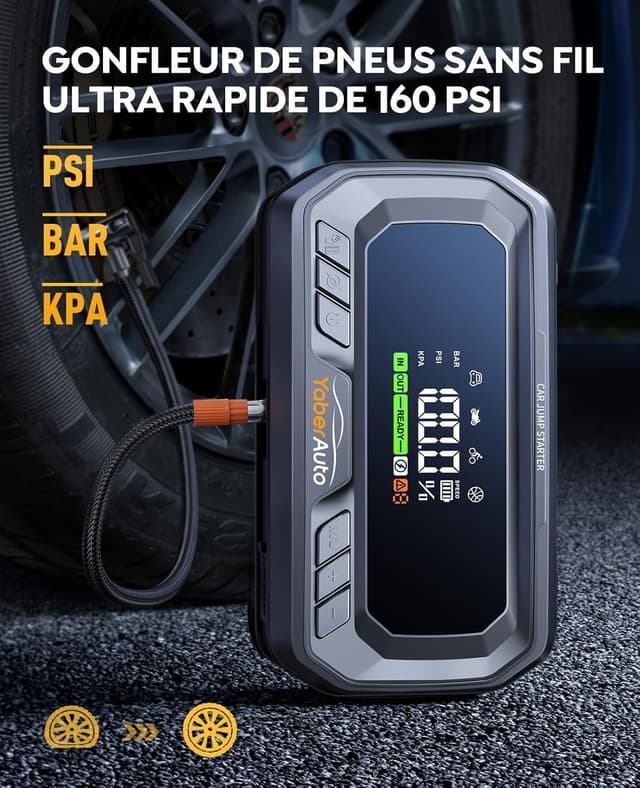 Detalle de YaberAuto YA90 Avviatore auto 8000A (26800 mAh) con compressore 160 PSI, booster PD65W e luce 600 lm