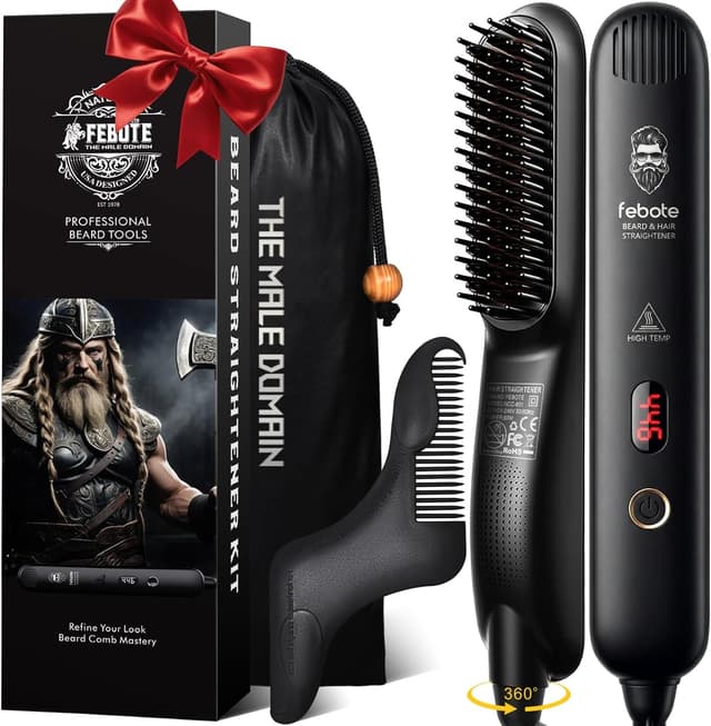 Detalle de FEBOTE Heated Ionic Hair Straightening Brush for Men with 5 Heat Settings and Travel Bag