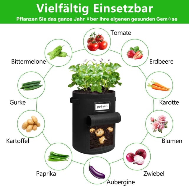 Detalle 2 de Airminti 3er-Set Kartoffel Pflanzsack 38 l (10 Gallonen) inkl. Arbeitsmatte, Pflanzschilder & Erntefenster – Vliesstoff in Schwarz