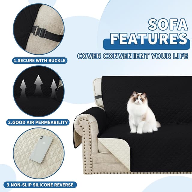 Detalle de YSTELLAA Copridivano 2 posti con braccioli impermeabile trapuntato nero