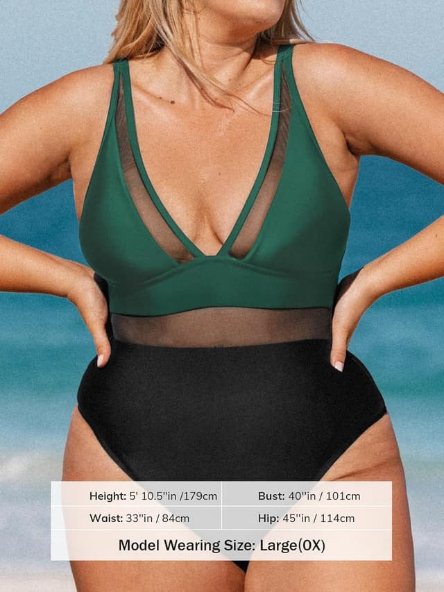 Detalle de CUPSHE Costume da bagno intero da donna taglie forti con scollo a V e rete trasparente