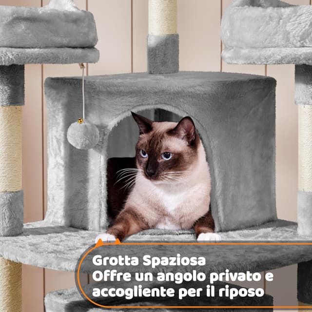Detalle de Yaheetech Albero per gatti alto 174 cm con 7 punti graffianti, 3 piattaforme e scala a più livelli (grigio chiaro)