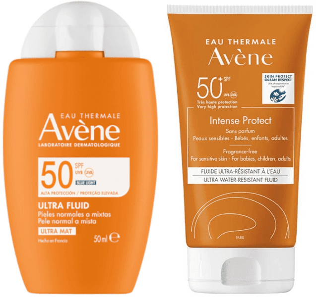 Detalle de Avène Fluido Invisible Ultra Mat SPF50+ y Intense Protect ☀