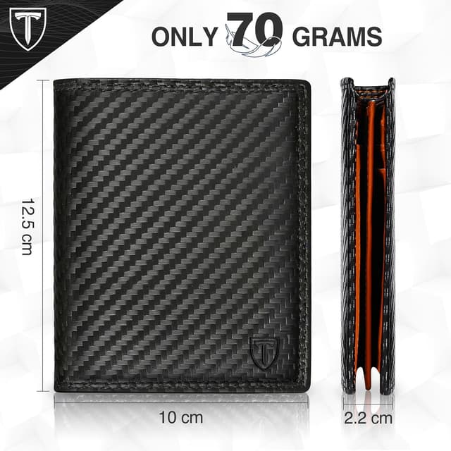 Detalle de TEEHON men’s RFID blocking carbon fibre wallet (bifold, black & orange) with 12 card slots