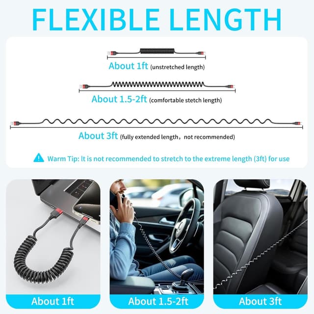 Detalle de Coiled USB C Cable 2-Pack for Car