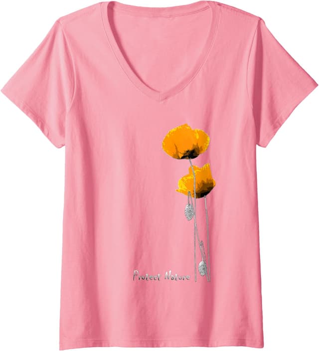 Detalle de Femme Protect Nature T-shirt col V « Pavots Orange et Abeille »