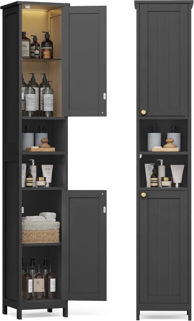 Detalle de VASAGLE Mobile da bagno a colonna con luce BBK566BC01, nero inchiostro, 30 cm