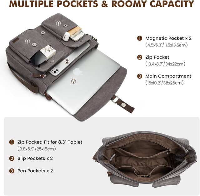 Detalle de S-ZONE Borsa messenger in tela da uomo vintage per laptop fino a 15,6 pollici