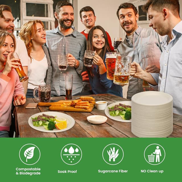 Detalle de LDFDRT Pappteller aus Zuckerrohrfaser (Bagasse), 100 Stück, rund 17,8 cm – kompostierbar