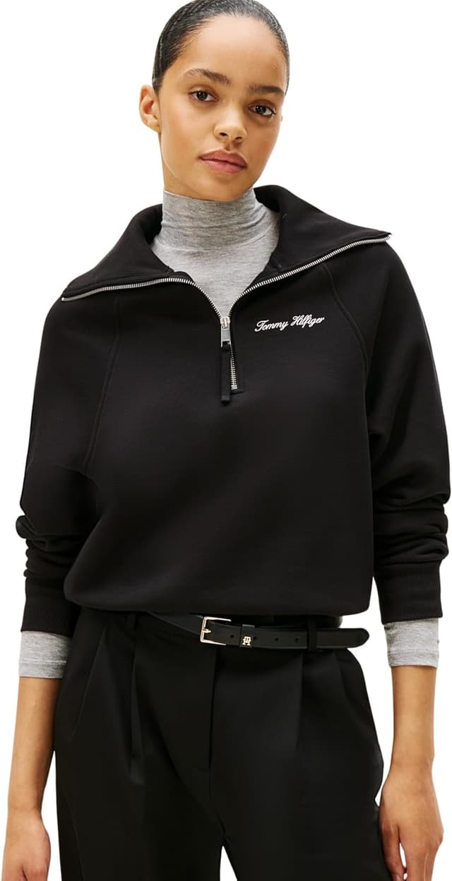Detalle de Tommy Hilfiger Damen Sweatshirt mit Reißverschluss „Classic Script“ Half-Zip