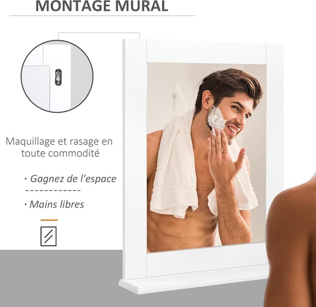 Detalle 2 de kleankin Miroir mural de salle de bain moderne blanc avec étagère de rangement 50 x 11,5 x 60 cm