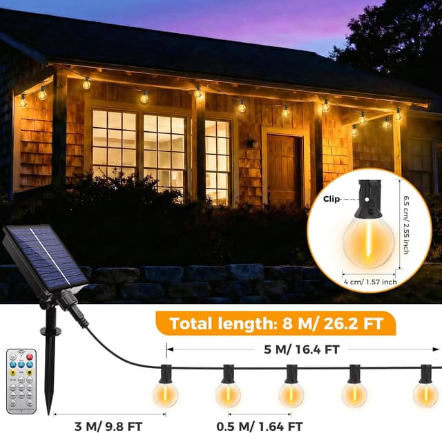 Detalle 2 de btfarm Solar Lichterkette außen mit Fernbedienung (8 m, 10+1 LEDs, G40, warmweiß, 8 Modi)