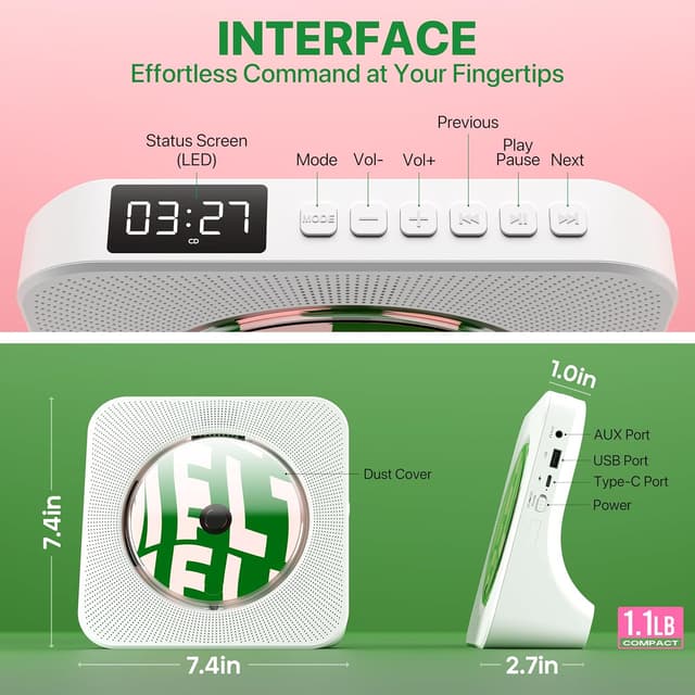 Detalle 2 de ROADOM 8-in-1 Portable CD Player for Home (Desktop) with Bluetooth, FM Radio, USB, AUX, Remote & Timer