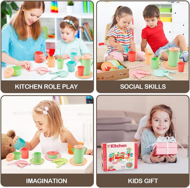 Detalle 2 de RUIDYA Play Kitchen Accessories 37-piece pretend tea party set with carry basket