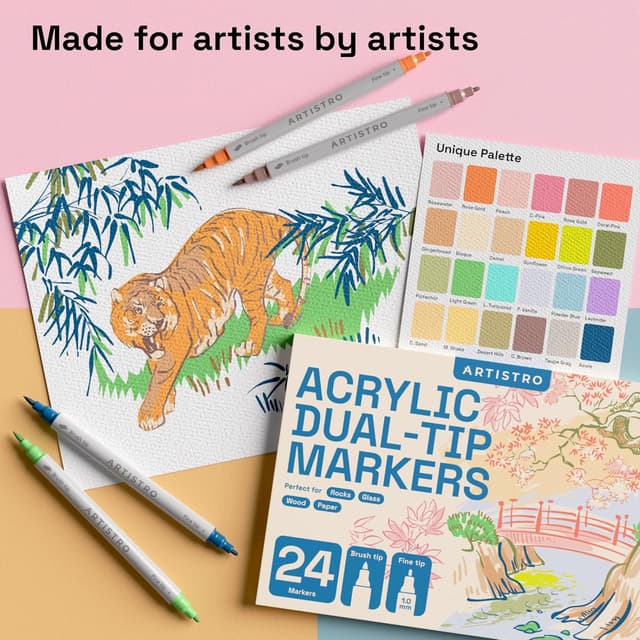 Detalle 2 de ARTISTRO 24 Acrylic Paint Pens Dual Tip (Brush & Fine) – 24 Pastel Markers for Fabric, Canvas, Rock, Glass, Wood