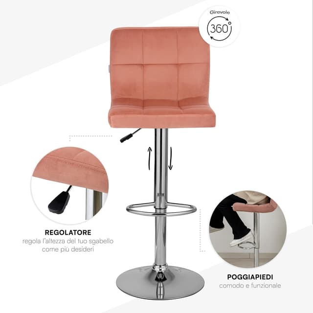 Thumbnail 4 de Baroni Home sgabello da bar con schienale, regolabile e girevole a 360° in velluto rosa