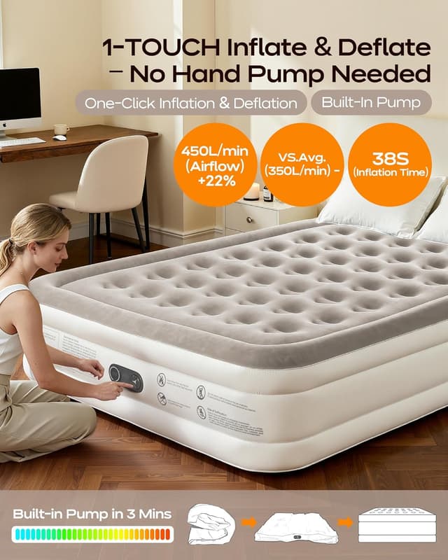 Detalle de Lopekuty Premium Air Mattress with Built-in Pump (Double) – 203 x 152 x 46cm