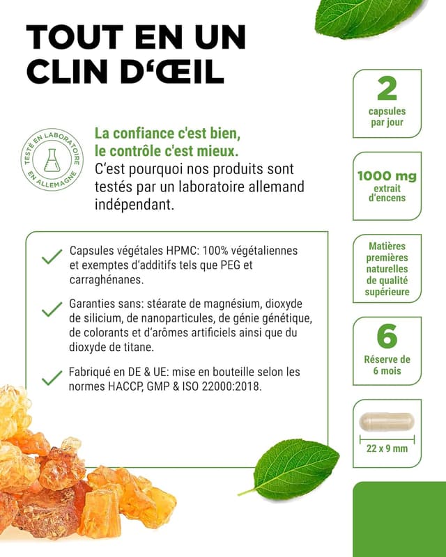 Detalle de Vit4ever Extrait d’encens 365 gélules Premium – 85% d’acide boswellique (1000 mg/jour, vegan)