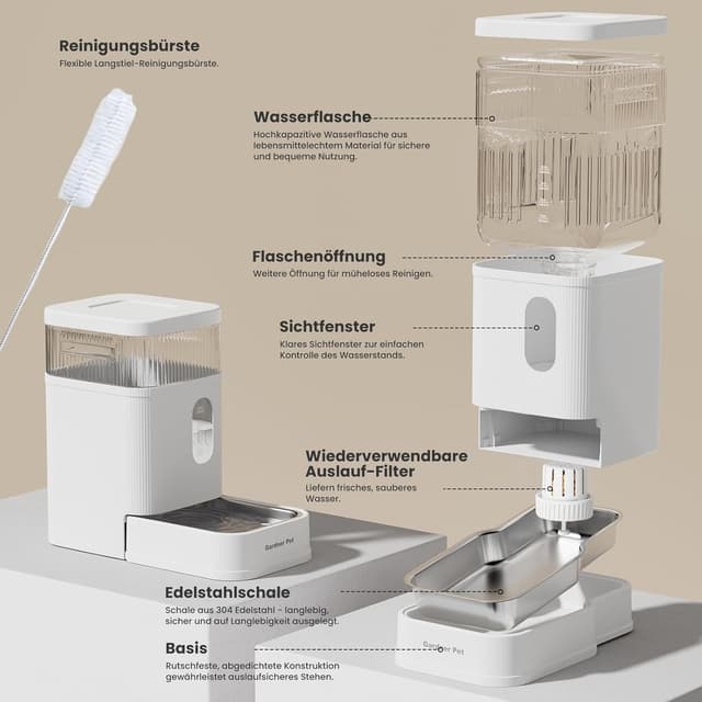 Detalle de Gardner Pet 8,5L automatischer Wasserspender mit Schwerkraftsystem (Edelstahlschüssel, BPA-frei, ohne Strom)