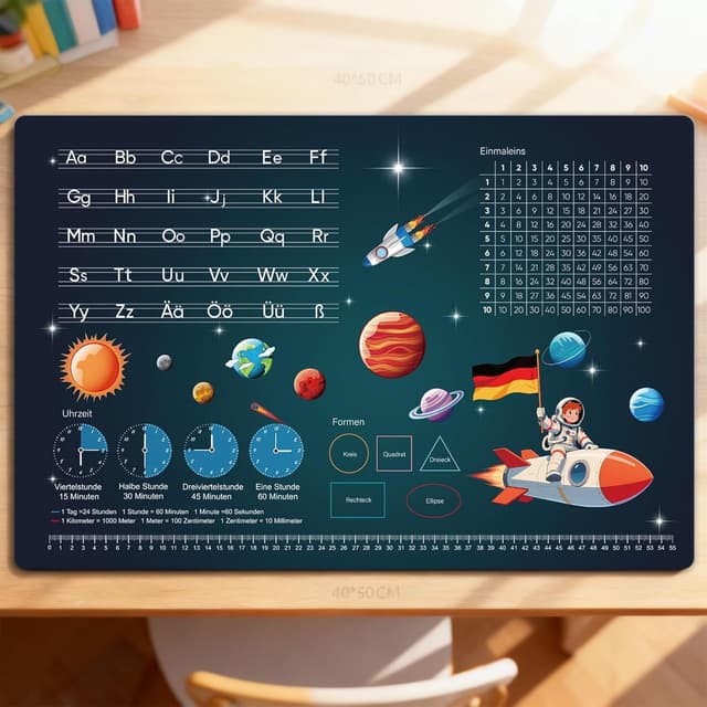 Thumbnail 6 de FONCOOD Schreibtischunterlage Kinder 60x40 cm Weltraum – abwischbare Lernunterlage mit Alphabet & Einmaleins