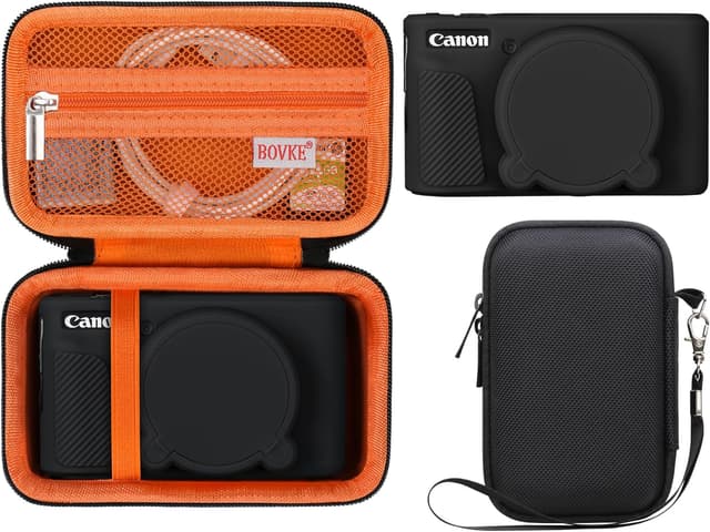 Detalle de BOVKE Hard Case + Silicone Cover for Canon PowerShot SX740 SX730 (Shockproof EVA storage bag, lens cover, wrist strap) – Black + Orange