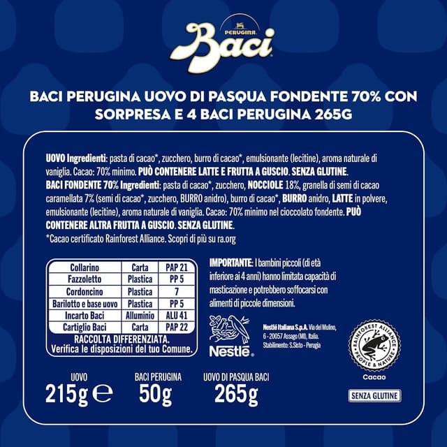 Detalle 2 de Uovo di Pasqua 2026 Perugina con cioccolato fondente 70% e sorpresa + 4 cioccolatini (265 g)