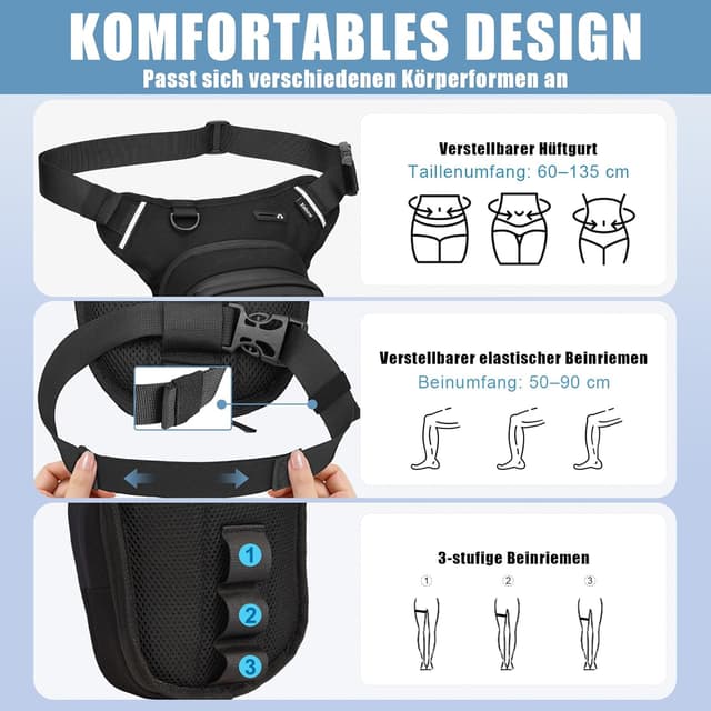 Detalle de Eshow Beintasche Motorrad – erweiterbare Oberschenkeltasche mit verstellbarem Beinriemen, 2 Karabinern und Reflexstreifen