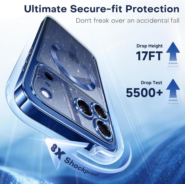 Detalle de Glitter iPhone 17 Pro Max Case (6.9") with raised lens protection, MagSafe compatibility, and sparkly blue back panel