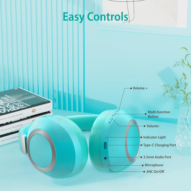 Detalle de Lankey Sound Bluetooth-Kopfhörer mit ANC, 5.3 und bis zu 100 Std. Spielzeit (Kabellos, Light Blue)