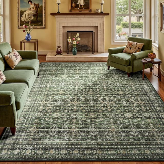 Detalle de Lofus 8x10 Area Rug (Green) — Washable Boho Faux Wool Rug With Non-Slip TPR Backing
