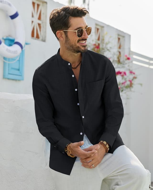 Detalle 2 de J.VER Leinenhemd Herren Langarm Stehkragen mit Tasche – Regular Fit für Sommer & Freizeit