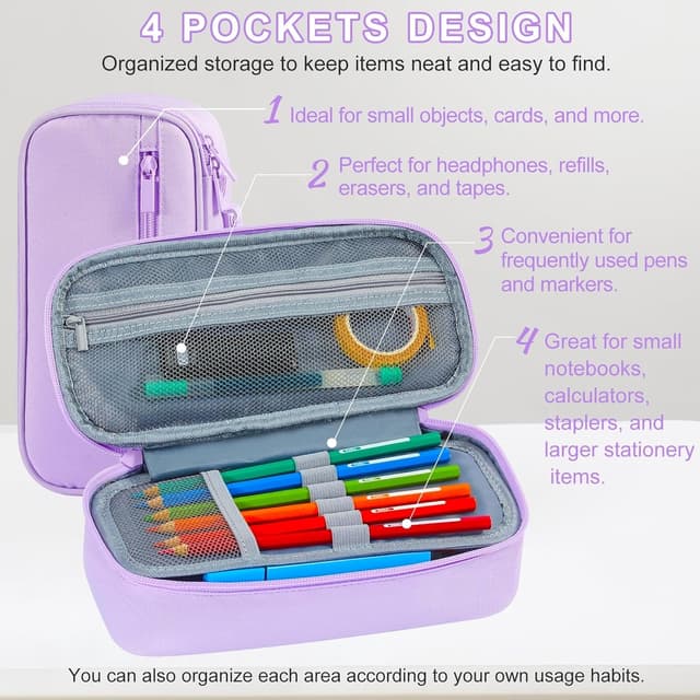 Detalle de Betarami Purple Pencil Case with Handle – Large 5-Compartment Pencil Pouch for School, Office & Home