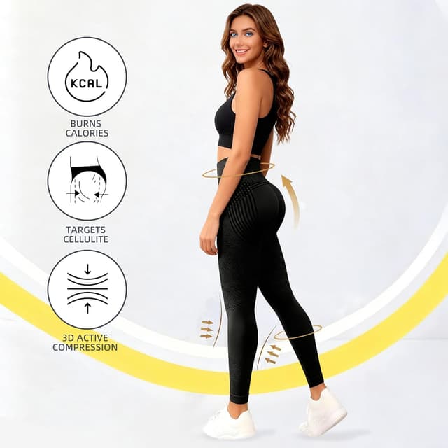 Detalle de Anti Cellulite Leggings Damen – langes Kompressions-Workout-Model mit Po-Push-up & blickdichtem High-Waist-Bund