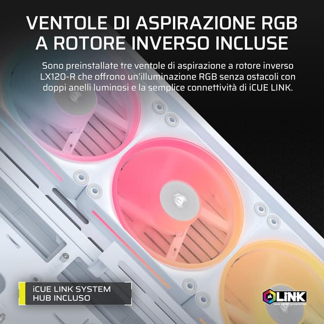 Detalle de CORSAIR iCUE FRAME 4500X LX-R RGB LINK Case Mid-Tower bianco con vetro panoramico e ventole LX120R