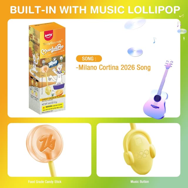 Detalle de AMOS Lecca-lecca musicale Lollipop Orange (senza glutine) – caramella cantabile con conduzione ossea